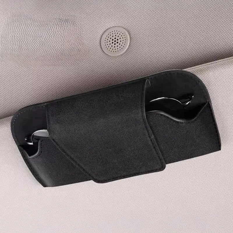 Sun Visor Glasses Holder Sunglasses Storage Case Black Suede 01