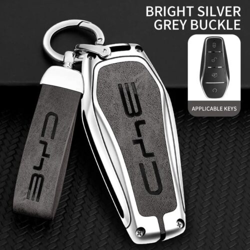 Zinc Alloy Leather Car Key Case Key Fob for BYD Car silver grey 01